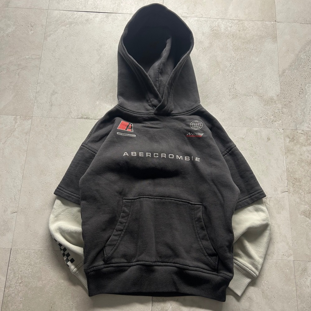 Abercrombie Kids Racing Graphic Layered Hoodie Grey Boys Size 5/6 Relaxed Fit